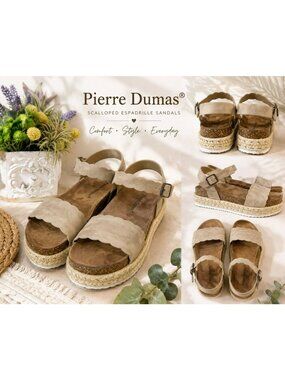 Pierre Dumas Scalloped Espadrille Sandals Beige Size 9 Adjustable Buckle Strap C